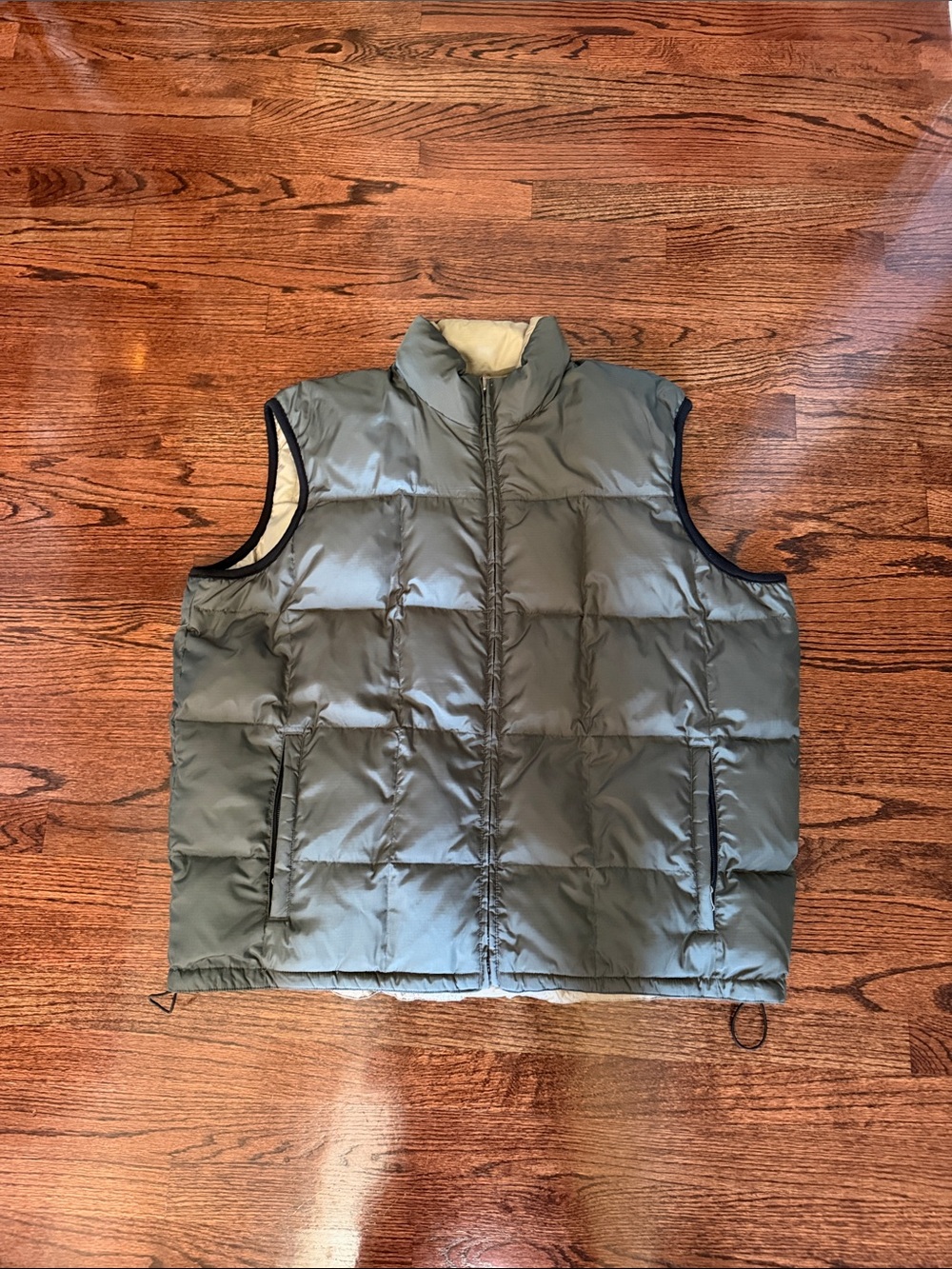 Eddie Bauer Olive Gray /Khaki reversible goose down Quilted Puffer Vest